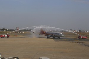 A Hong Kong Airlines’ aircraft is welcomed by a traditional water salute in Phnom Penh