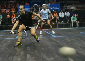 Malaysia’s Lee Wee Wern returns the ball to her compatriot Nicol Ann David during their Women’s Singles squash final match at the 17th Asian Games