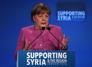 Angela Merkel speaks at the ‘Supporting Syria and the Region’ conference at the Queen Elizabeth II Conference Centre in London