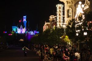 The Sleeping Beauty Castle stands illuminated at night at Walt Disney Co.’s Disneyland Resort in Hong Kong