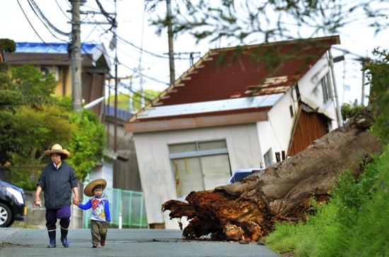 People walk near a fallen tree and house damaged by an earthquake in Mashiki